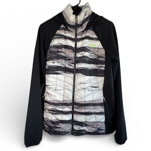North Face Mountain Print Light Puffer Jacket Quilted Hoodie Black White Large